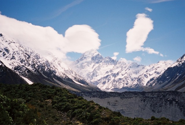 Mt. Cook, its peak barely obscured by cloud